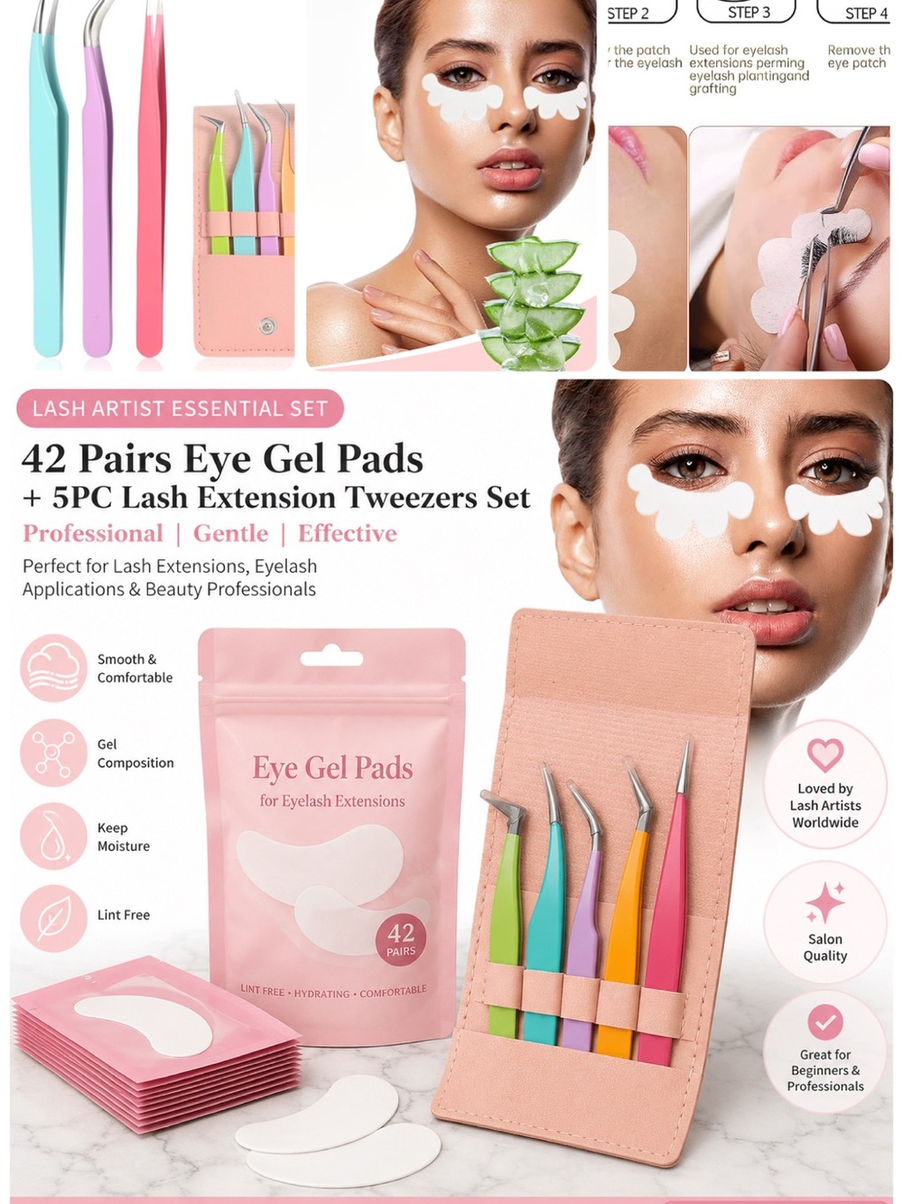 42 Pairs Lint-Free Under Eye Gel Pads + 5 Precision Lash Tweezers
